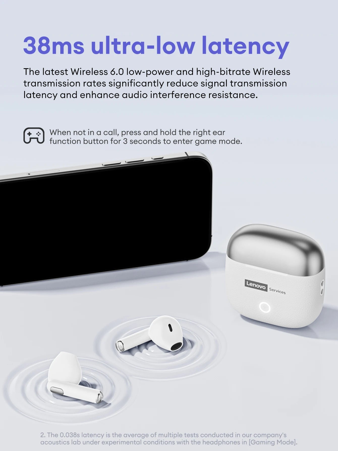 Lenovo Original Wireless Earphones Bluetooth 6.0 Long Battery Life Music Gaming Headphones HiFi Stereo Sound HD Call IP54 Earbud