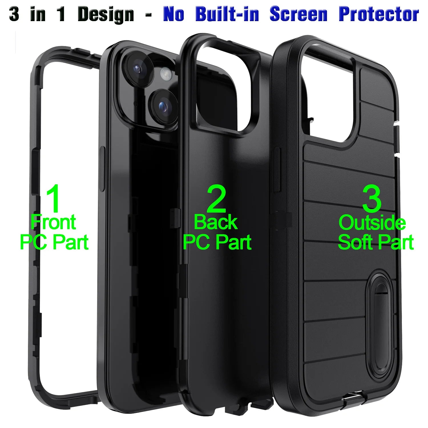 For iPhone 13/iPhone 13 Pro/iPhone 13 Pro Max 5G 3-Layers Heavy Duty Protective Kickstand Phone Cover Black Case