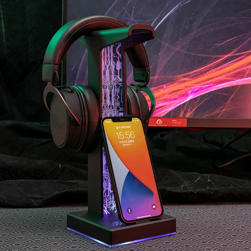 RGB Gaming Headphone Stand 10 Lighting Effects Headphone Stand Holder Rack USB Port 3.5mm Audio Port Desktop Headset Bracket