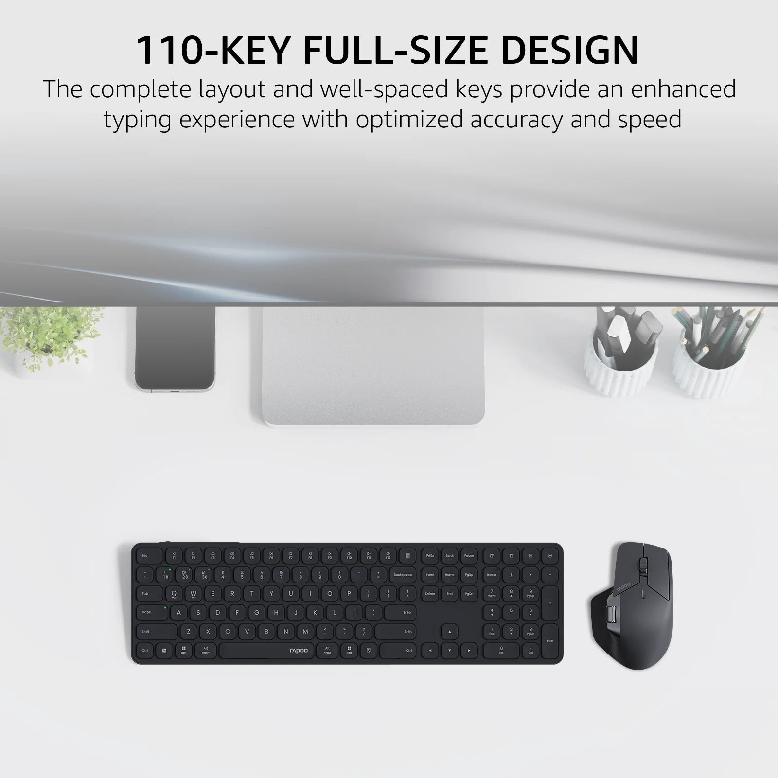 Rapoo 9560M Wireless Keyboard and Mouse Combo E9550L USB-C Rechargeable 110-Key Ultra-Thin Keyboard and MT760SE Wireless Mouse