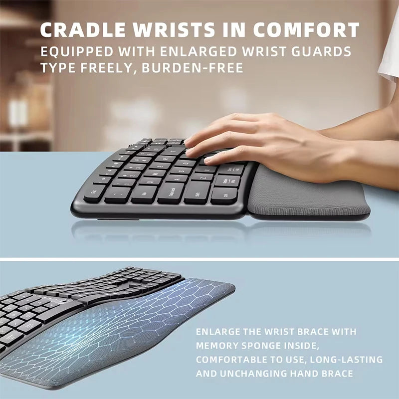 Ergonomic Wireless Silent Split Keyboard Mouse Combo With Wrist Rest BT Dual Mode Wireless Rechargeable Keyboard For Win7/8/10