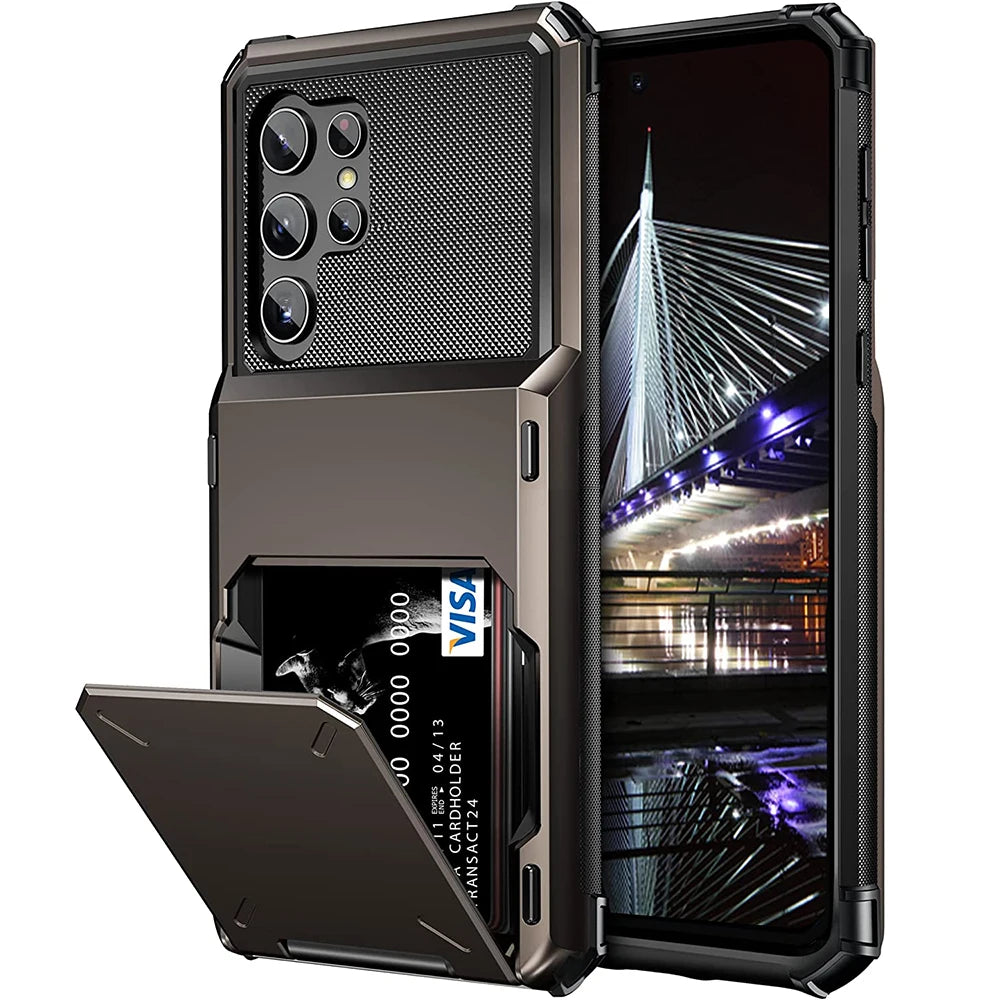 For Samsung S25 Edge S24 S23 S22 Ultra S21 Wallet Case Flip Cover Card Holder Pocket Dual Layer Protective Full-Body Hard Bumper