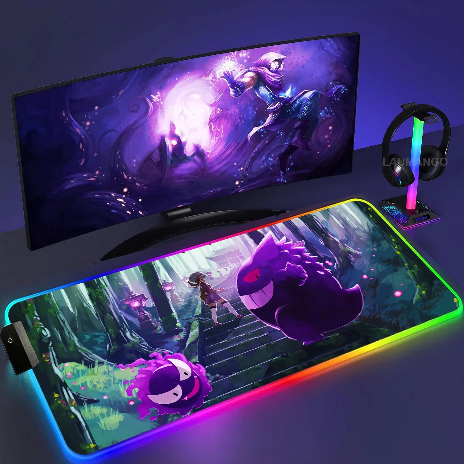 Gengar Mousepad Pokemon RGB LED Purple Mouse Pad Gaming Accessories Ghost Big Extended Keyboard Carpet PC Anime Desk Mats - WinSupport Tech