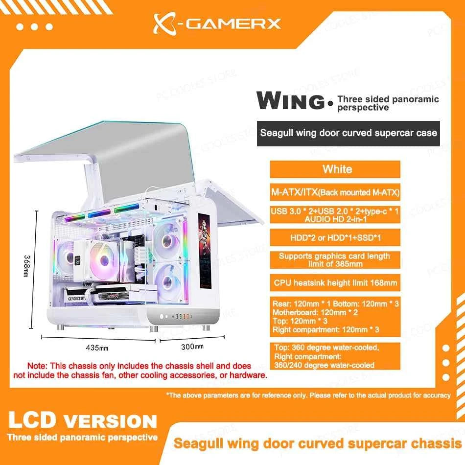 PowerTrain  X-GAMERX Phantom Wings LCD Edition Black Seaview Room Case MATX Vertical Desktop Computer 360 Water-cooling Host