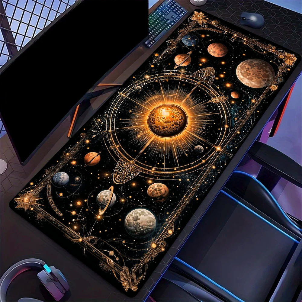 Golden Solar System Planet Pattern Mouse Pad, Large Stitched Edge Mouse Pad, XXL Keyboard Pad, Computer Desktop Accessories