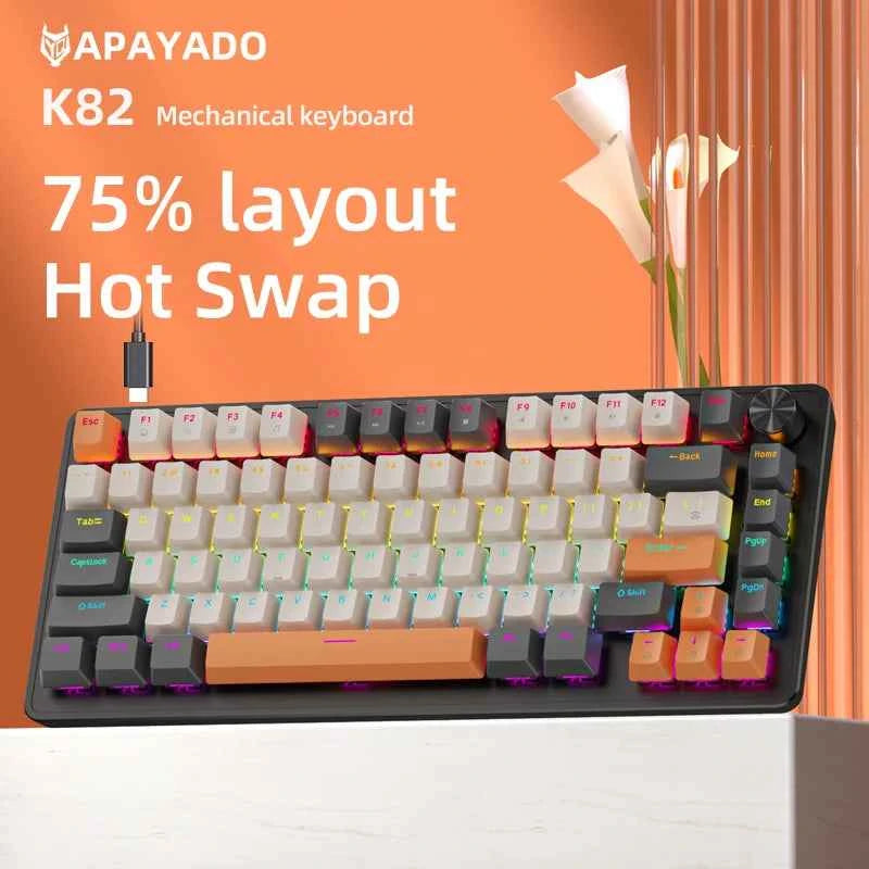APAYADO K82, 75% Mechanical Keyboard Wired with Media Knob, Hot-Swap, ABS Cap Transparent Character Backlighting