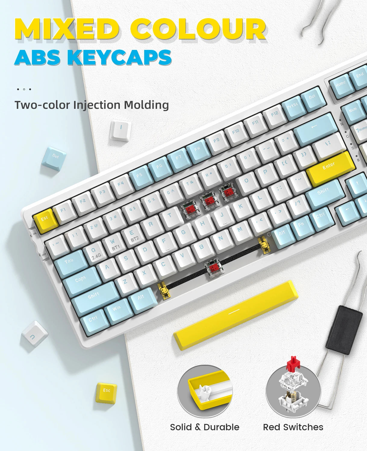 K96 Wireless Mechanical Keyboard, Dual Mode 2.4G/BT5.0 2-in-1 Receiver, 100 Keys Hot Swappable Red Switches Gamin
