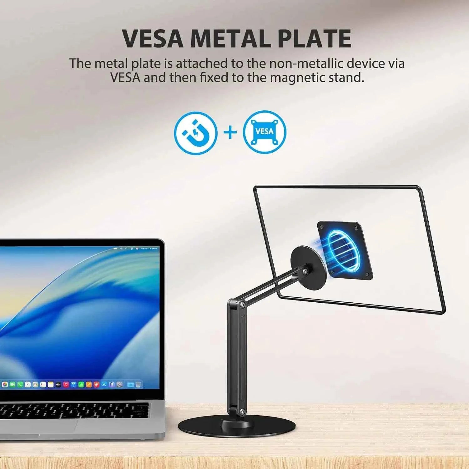 UPERFECT Portable Magnetic VESA Stand with 360° Swivel Base Aluminum Desktop Mount for 10–18.5″ Devices Supports up to 4.4 lbs