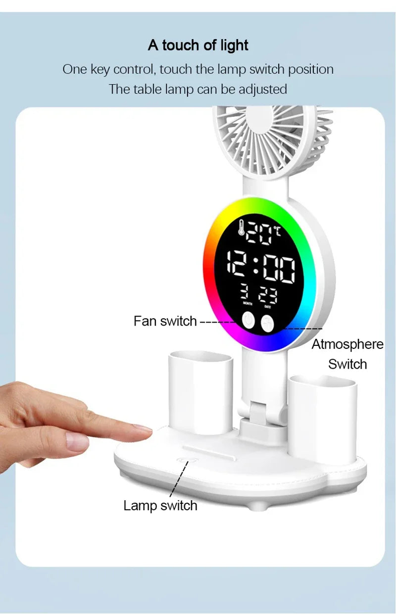 LED Table Lamp with Fan And Clock Display Reading Desk Light for Study Night Light Adjustable Brightness