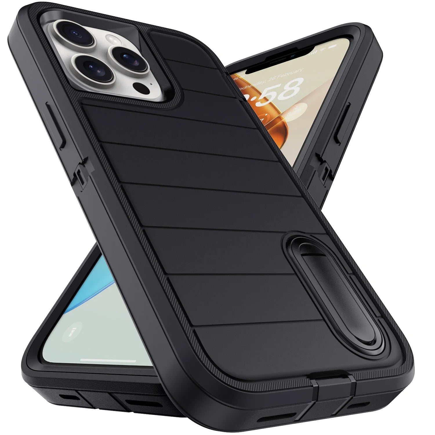 For iPhone 13/iPhone 13 Pro/iPhone 13 Pro Max 5G 3-Layers Heavy Duty Protective Kickstand Phone Cover Black Case