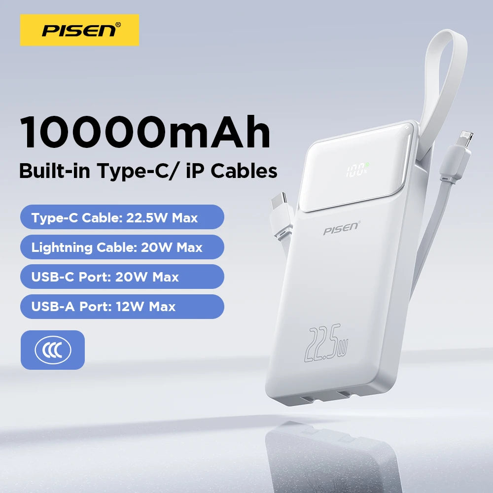 PISEN 3C Certified 22.5W Power Bank 10000mAh/ 20000mAh With Built-in Type C/L Cables Fast Charging Powerbank For iPhone Samsung