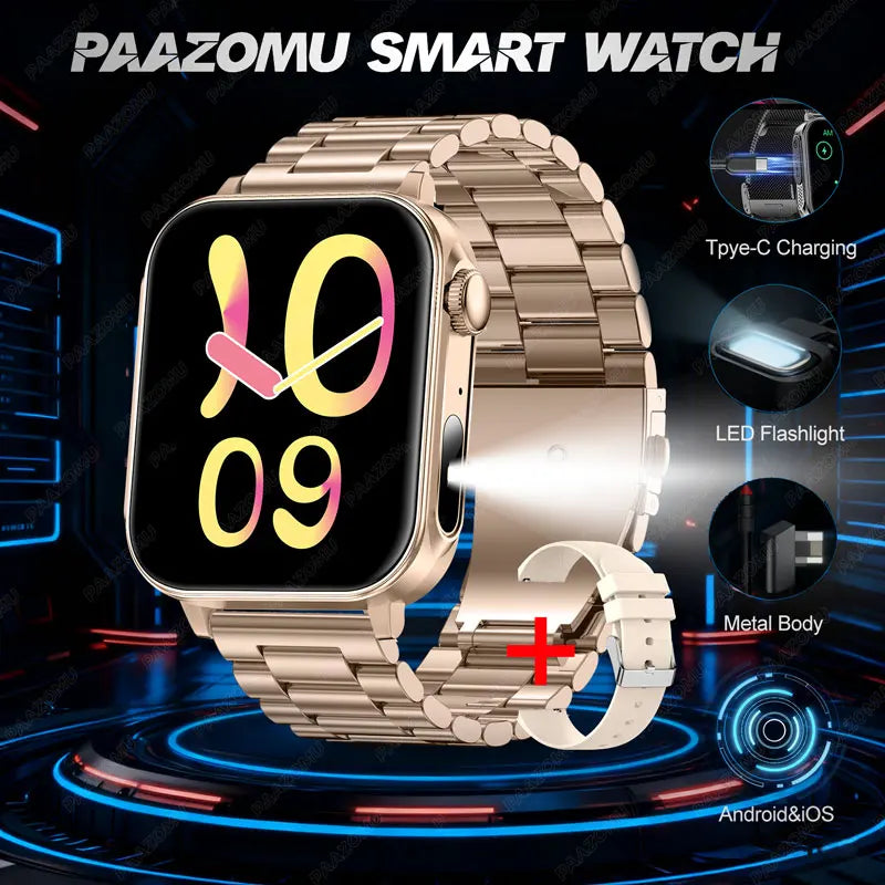 2025 New Smart Watch Men Women Type-C Charging Heart Rate LED Flashlight Bluetooth Call IP68 Waterproof SmartWatch for Android