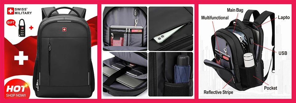 SWISS MILITARY Men's Travel Backpack Multifunctional Waterproof Laptop Bag Outdoors Climbing Luggage Bag Sport Backpack Mochila