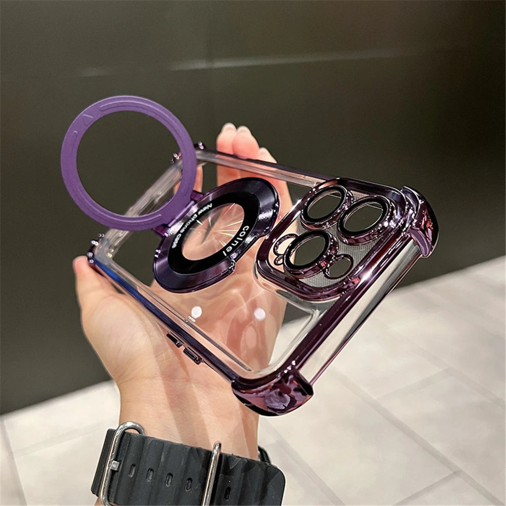 Luxury Plating Shockproof Magnetic Bracket For Magsafe Clear Case For iPhone 17 15 16 14 13 12 11Pro Max With Holder Stand Cover
