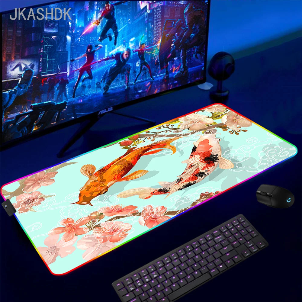 Large RGB Mouse Pad Koi Fish Gaming Mousepad LED Mouse Mat Gamer Mousepads Yin Yang Desk Pads RGB Keyboard Mause Mats XXL 100x50