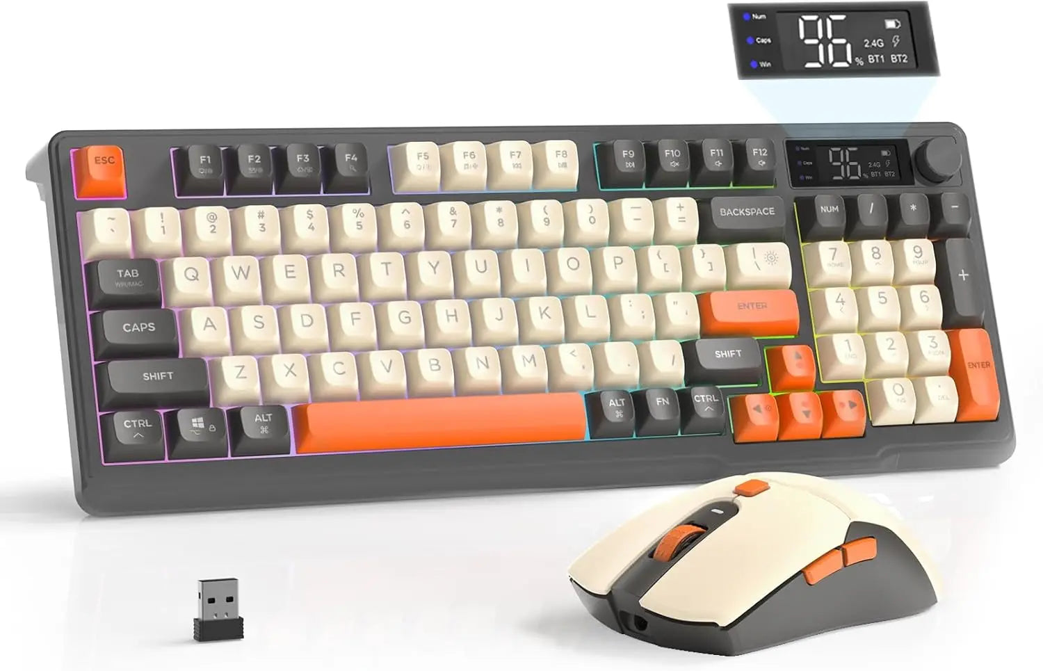 MAMBASNAKE x FREEWOLF T96 Smart Display Wireless Membrane Keyboard and Mouse Comb, 94Key LED Lighting Rechargeable Silent