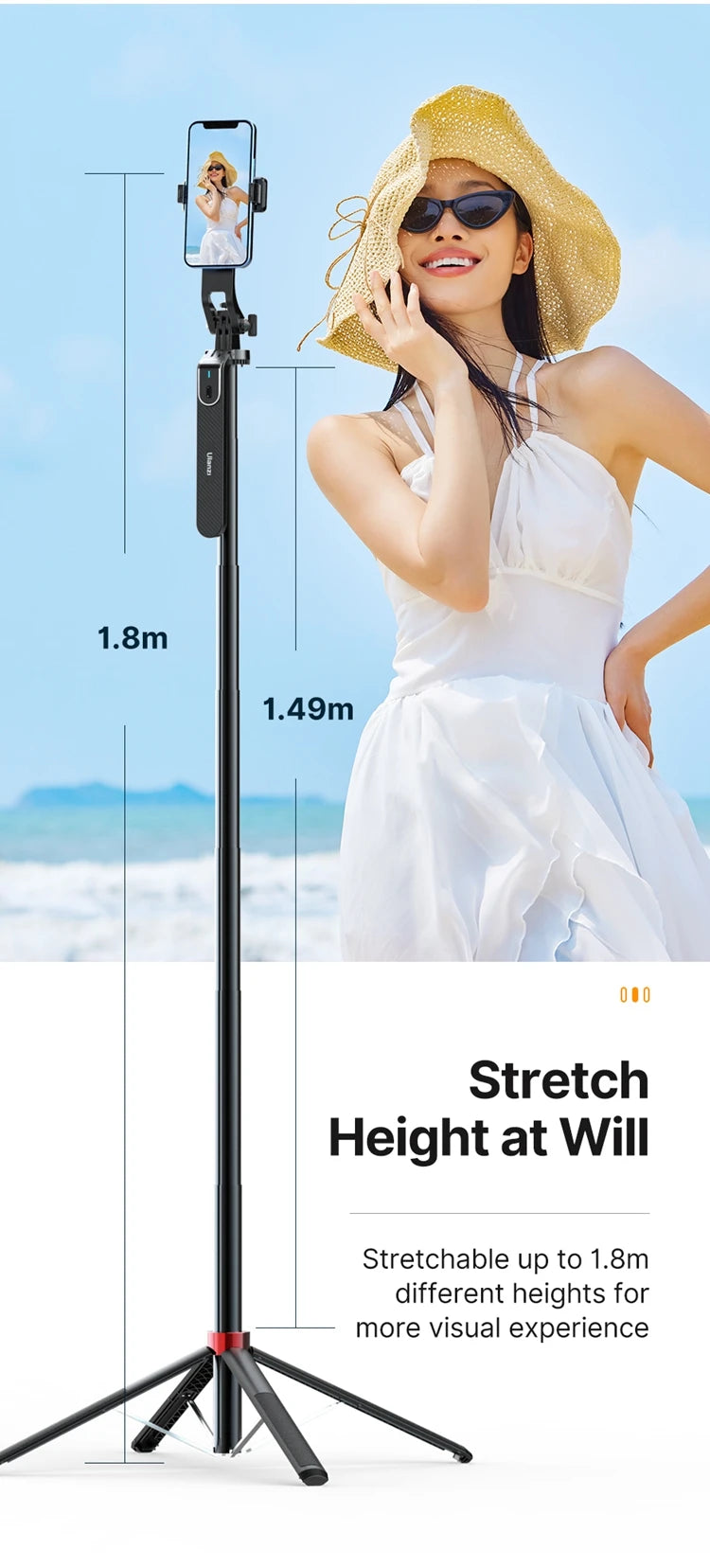 Ulanzi MA09 1.8m Selfie Stick Tripod for iPhone 17 15 Android Phone with Remote Control Panoramic Ball Head Holder U200 VL49 Kit