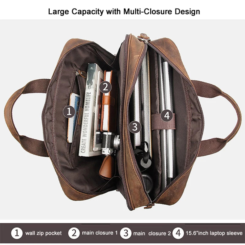 High Quality Genuine Leather Men Briefcase Business bag Crazy Horse Leather Large 17