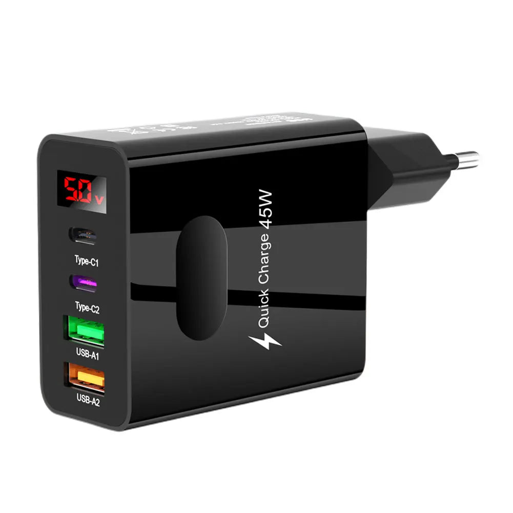45W Multi Plug Wall Charger 2 Type-C 4 Ports Fast Charging Head Digital Display Quick Charger Head for iPhone 14 Xiaomi Samsung