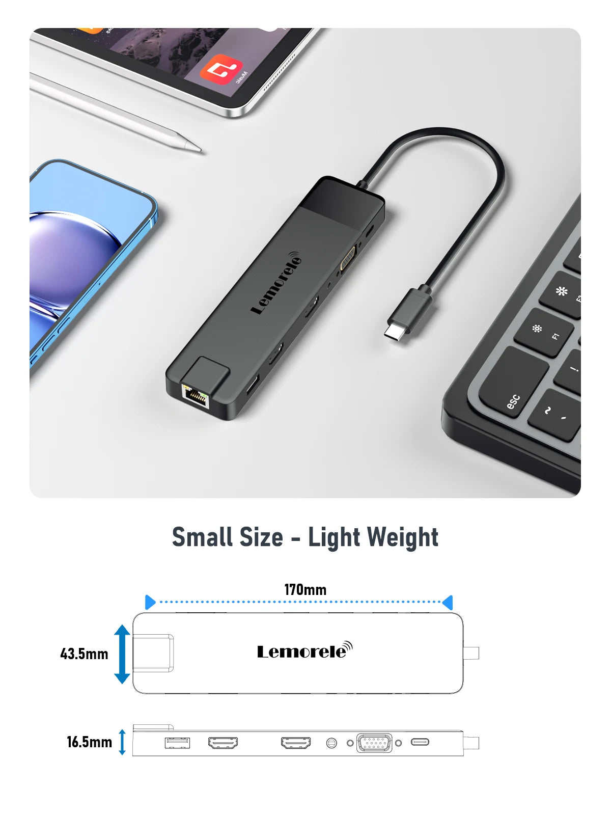 Lemorele USB-C Hub 13-in-1 Gigabit Docking Station VGA USB Type C Hub 4K30Hz HDMI-compatible USB 3.0 Adapter RJ45 PD100W