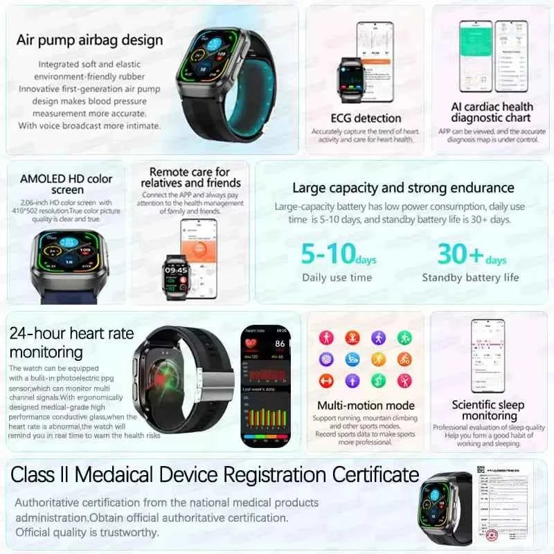 2026New Health Watch Blood Pressure Accurate Measure Smart Watches Men Uric Acid Blood Lipids waterproof Airbag Smartwatch Women