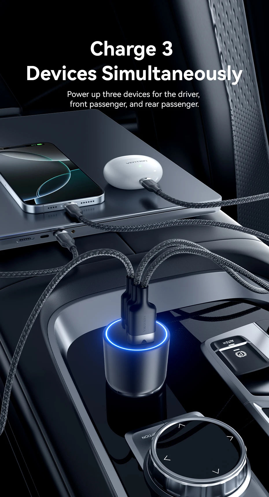 Vention 165W USB C Car Charger 3-Ports PD QC 4.0 45W For Samsung S25 iPhone 17 16 Macbook 100W Fast Charging Adapter With LED