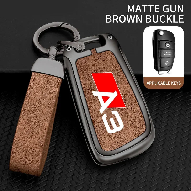 Zinc Alloy Leather Car Remote Control Key Case Cover Holder Shell For Audi A3 8P 8V 8L S3 RS3 Custom LOGO Protected Keychain Bag