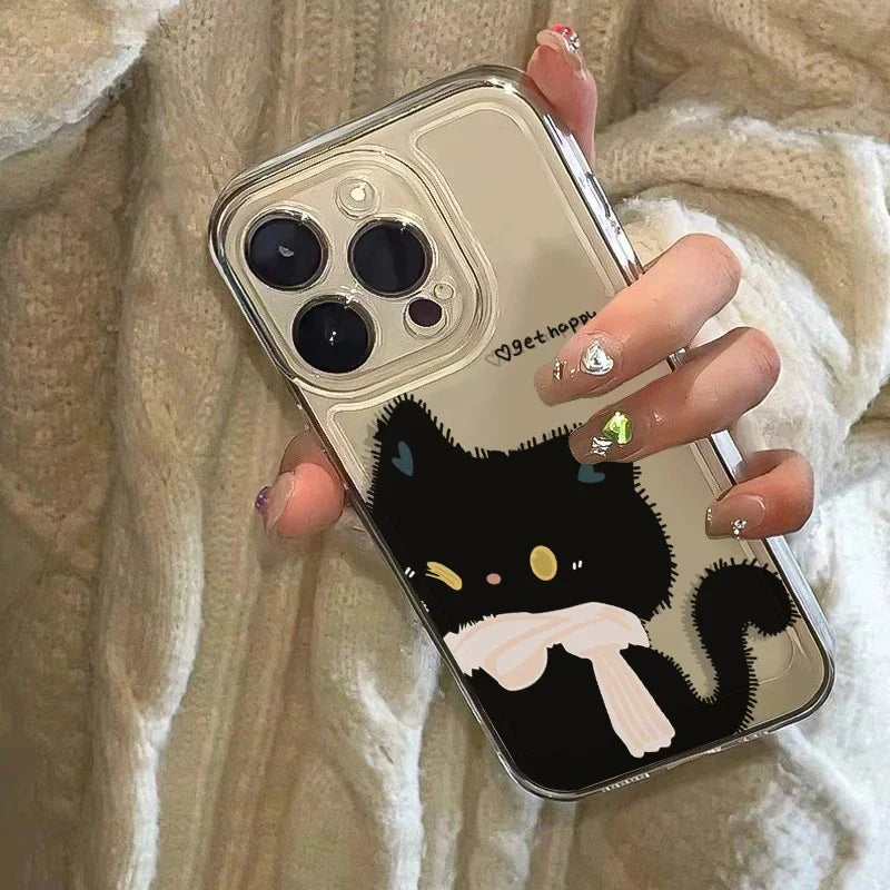 Cartoon Black White Cat Couple Paired Phone Case For iPhone 17 16 Pro Max 15 14 11 12 13 Plus Clear Cover Fundas