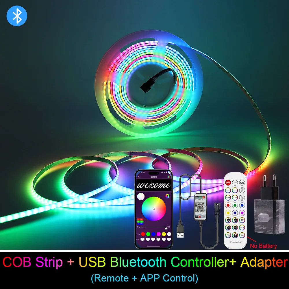 5V New 3mm Super Thin Addressable COB LED Strip RGBIC Individual Pixel Control 240LEDs WS2812B Dream Color USB Powered LED Tape