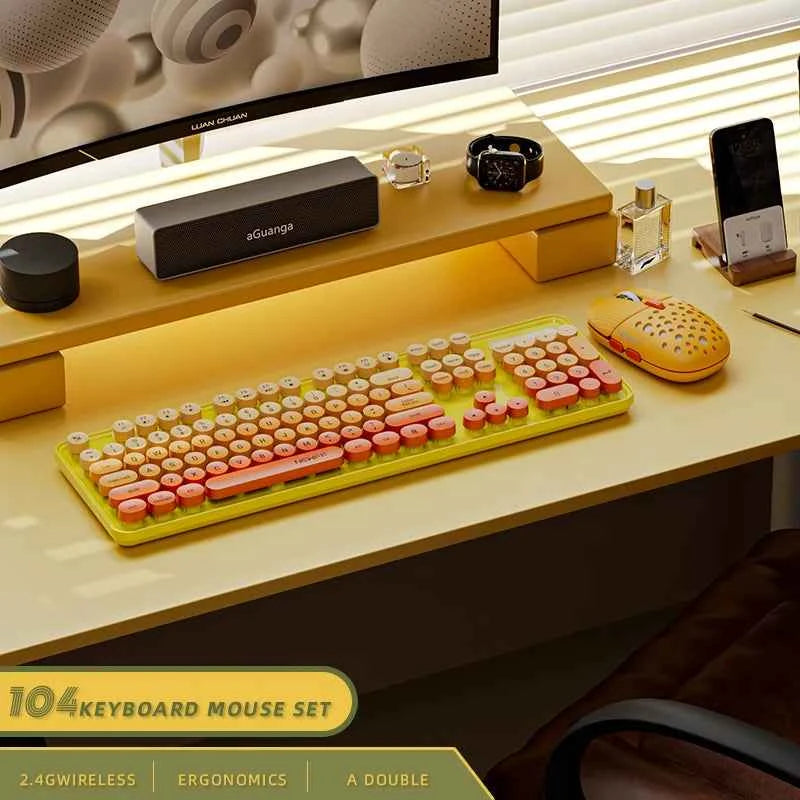 104 Keys 2.4G Wireless Keyboard Mouse Set Gaming Ergonomic Colorful Retro Round Keycap Keyboard Mouse Combo For Laptop Desktop