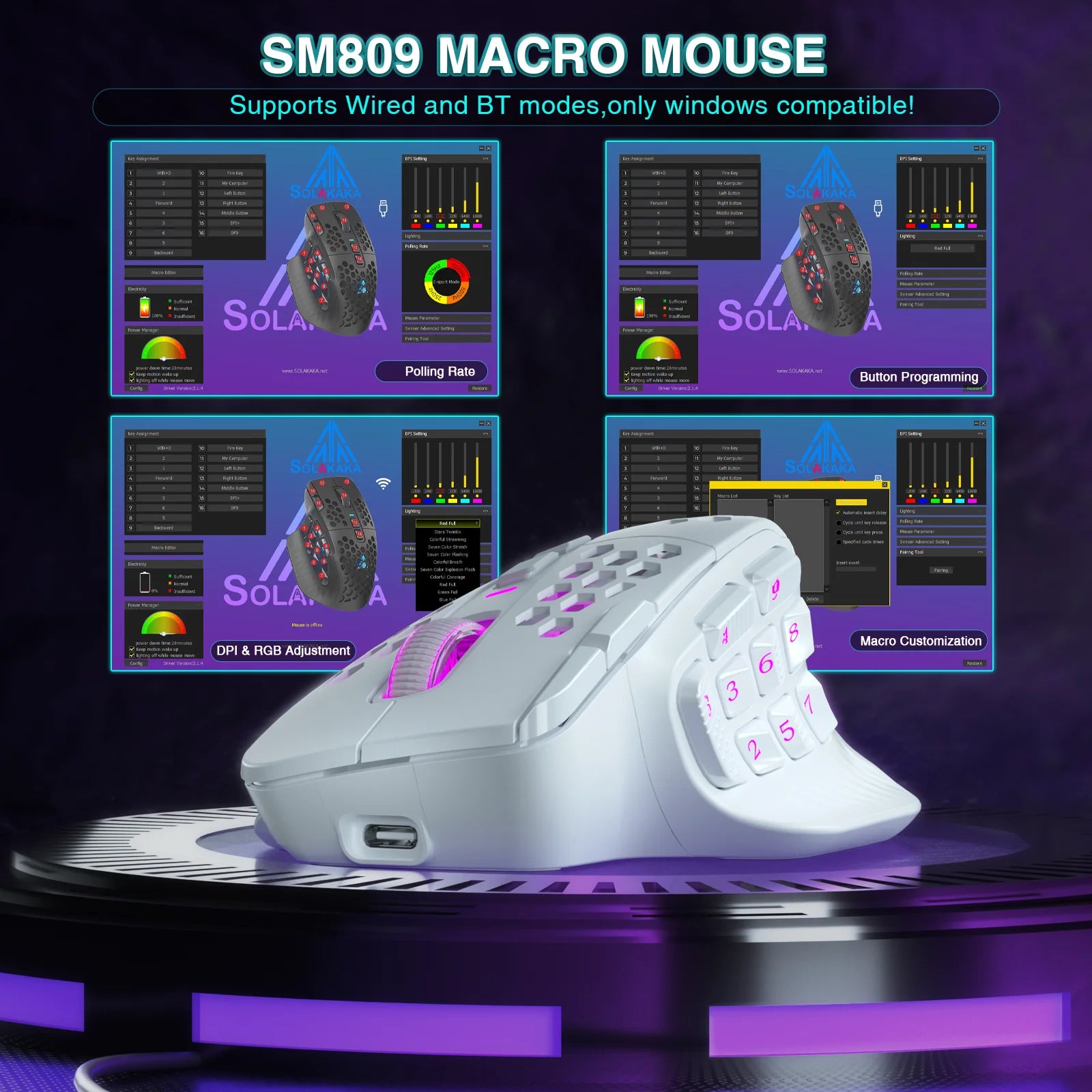 SOLAKAKA SM809 Pro Wireless MMO Gaming Mouse PAW3311 16 Side Buttons 24000 DPI RGB Honeycomb Programmable Macro Wireless mouse - WinSupport Tech