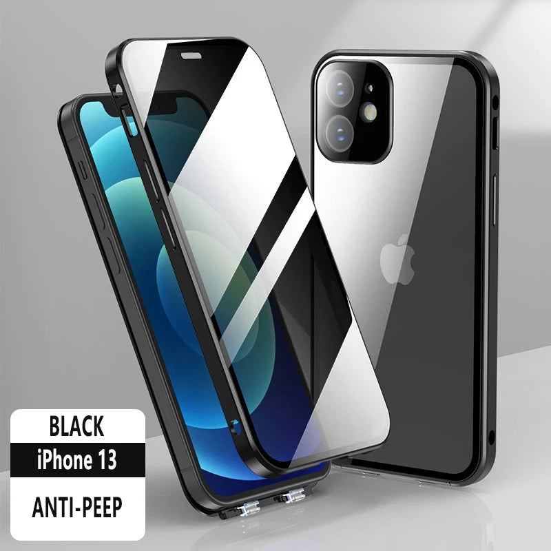 360°Full Protection Metal Magnetic Double-Sided Glass Snap Lock Anti Peeping Phone Case For iPhone 15 14 13 12 16 Pro Max Cover