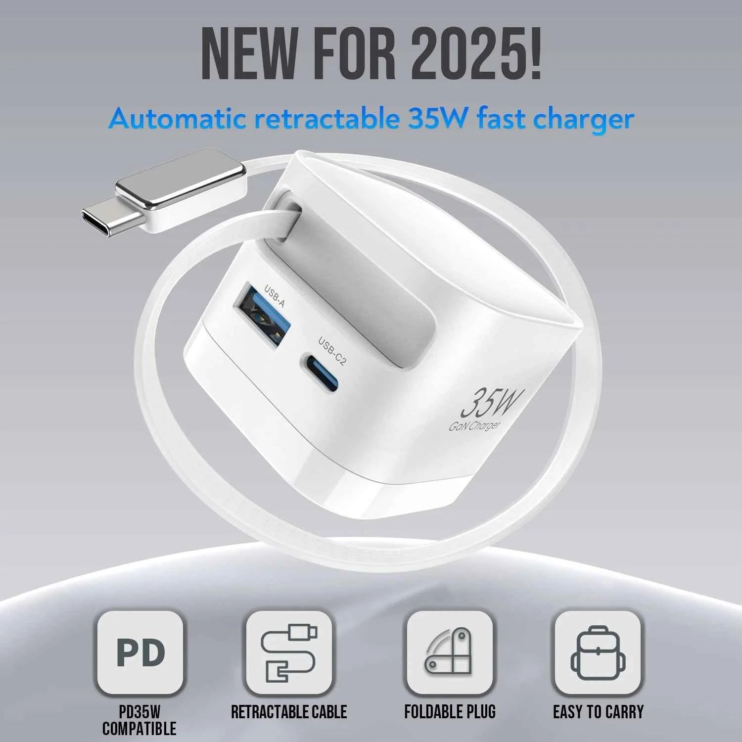 35W GaN Fast Charger with Retractable Cable, Foldable Plug, Quick Charging Block, for iPhone , Samsung , iPad, Android Phones