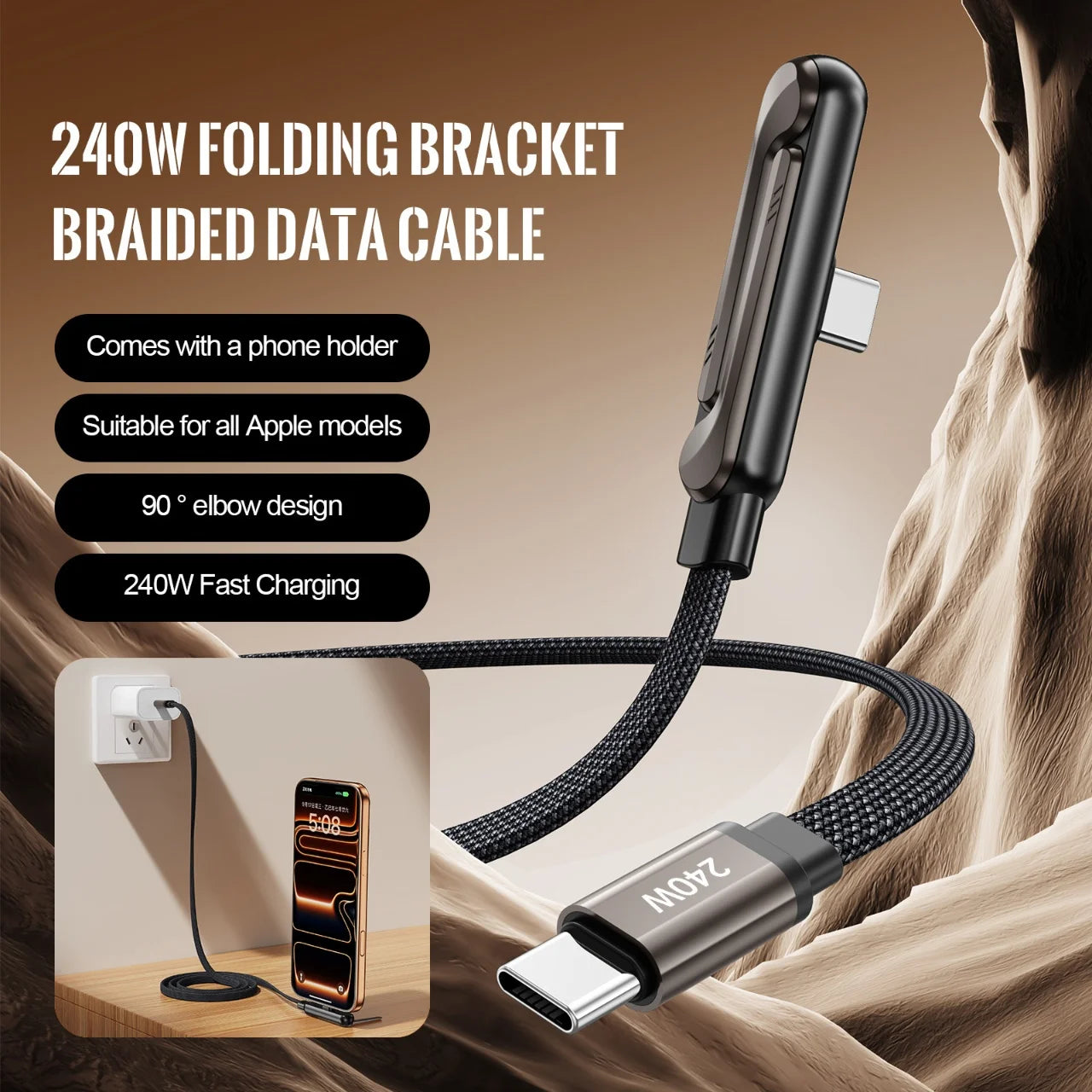240W PD Fast Charging Type C to Type C Cable USB C to Type C Cable with Foldable Stand Phone Holder For iPhone 15 Xiaomi HUAWEI