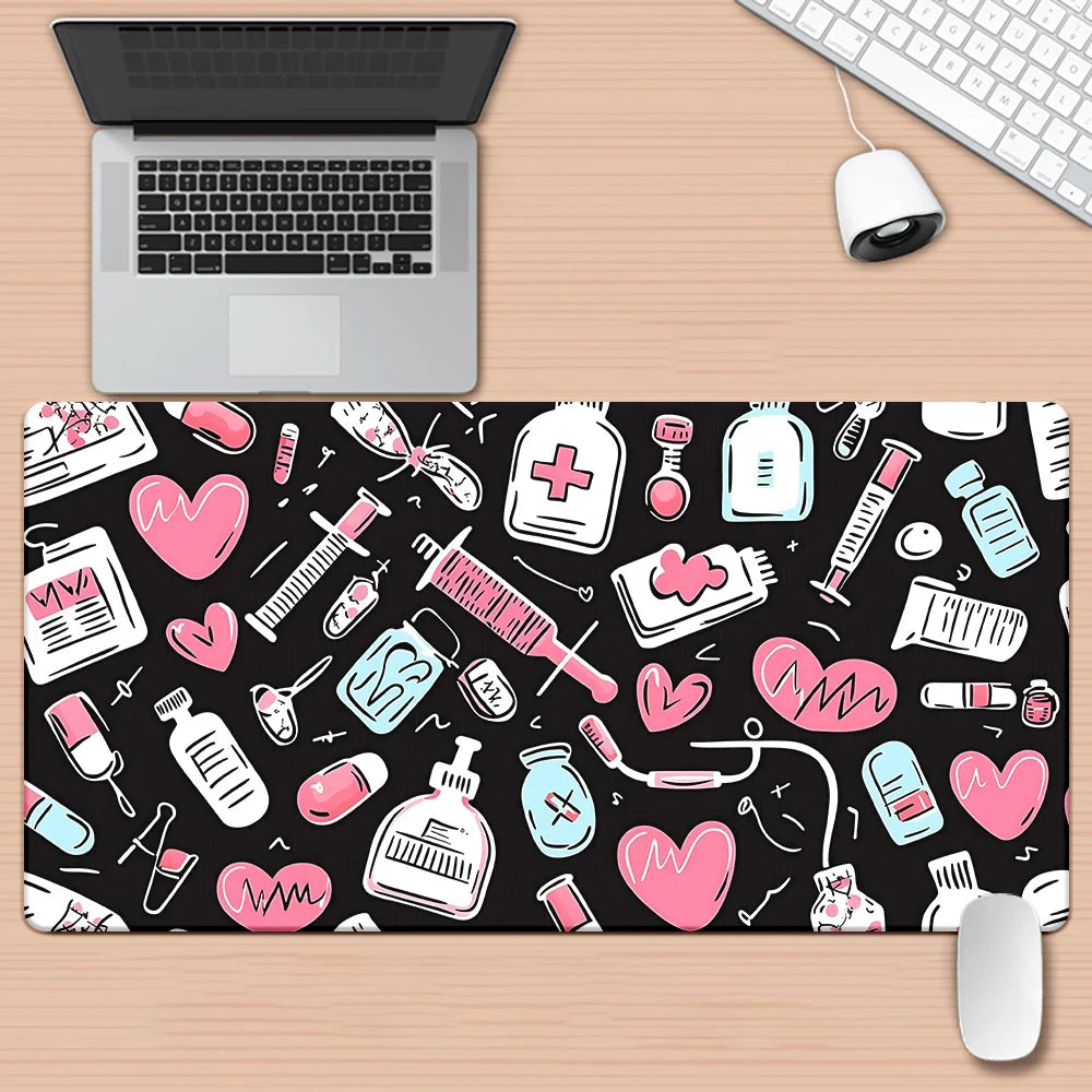 One Pink Gaming Mouse Pad with a Medical Theme, Featuring a Design of Stethoscopes, Bottles, And Hearts. It'S a Soft Rubber Desk Mat Suitable for Office, PC