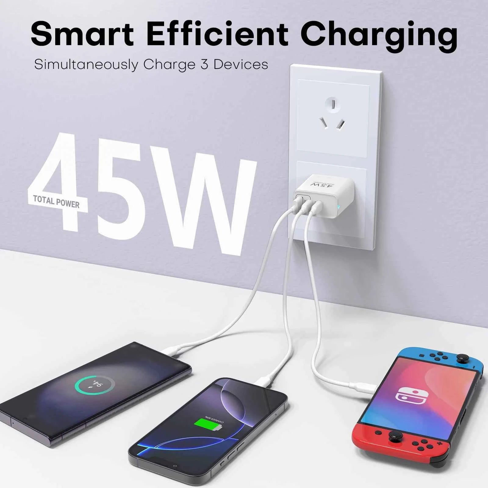 2-Packs 3in1 45W USB Charger Fast Charge QC 3.0 Wall Charging For iPhone Samsung Xiaomi Mobile EU US AU  Plug Adapter Travel