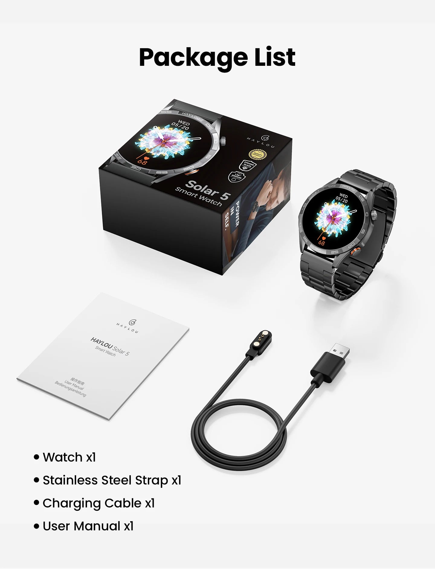 HAYLOU Solar 5 Smartwatch 1.58'' AMOLED Display 60Hz Refresh Rate 24H Health Monitoring Voice Calling 100+ Sports Modes Black/Silver
