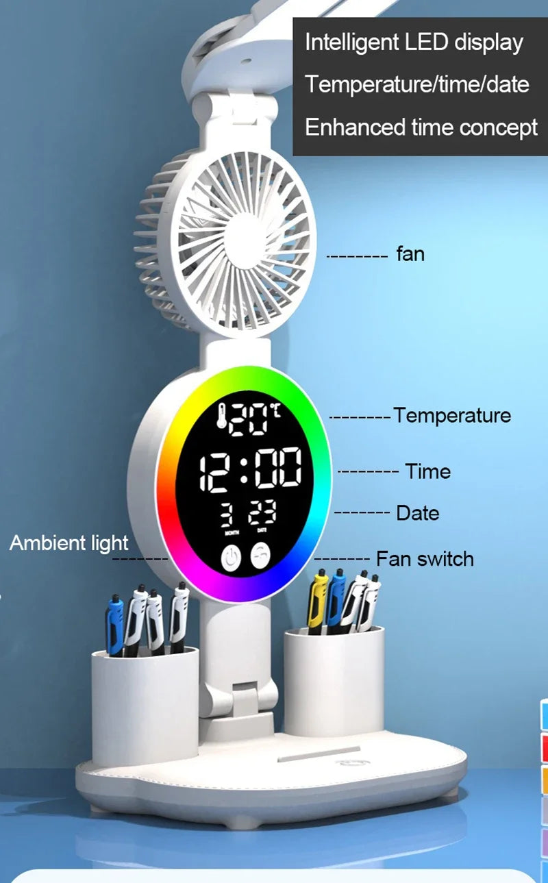 LED Table Lamp with Fan And Clock Display Reading Desk Light for Study Night Light Adjustable Brightness