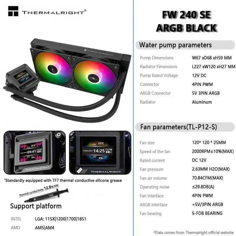 Thermalright FW 240 SE ARGB All-in-One Water Cooler, 2-inch IPS LCD, Liquid CPU Cooler supports LGA1851/1700 AMD AM4/AM5