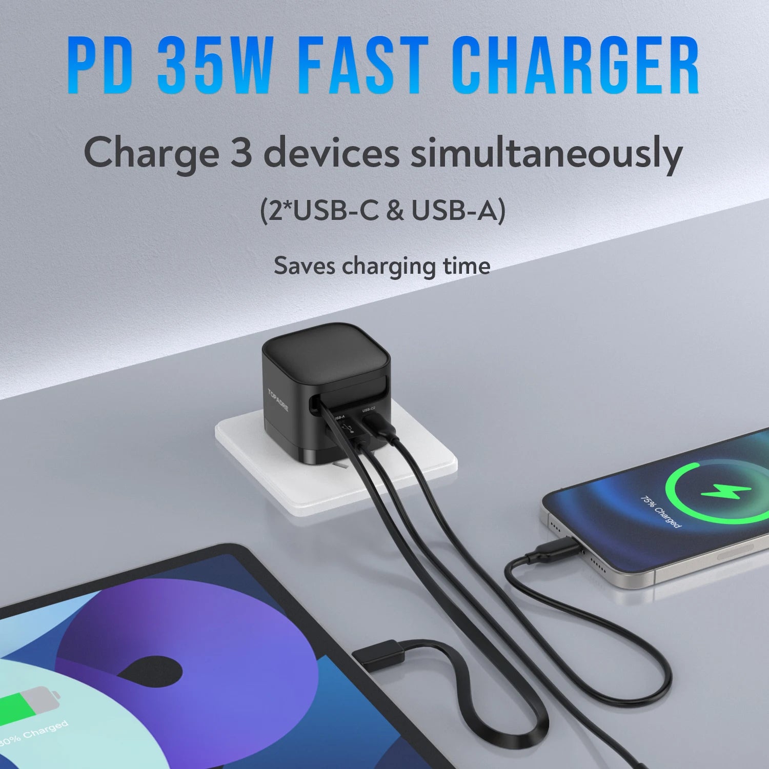 35W GaN Fast Charger with Retractable Cable, Foldable Plug, Quick Charging Block, for iPhone , Samsung , iPad, Android Phones