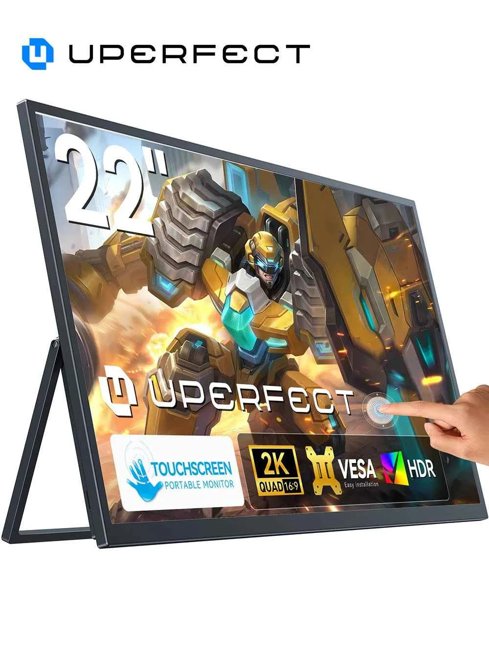 UPERFECT 22' 2K QLED Touchscreen Portable Monitor W/VESA & 180° Adjustable Stand 100% DCI-P3 FreeSync HDR Travel Gaming Display