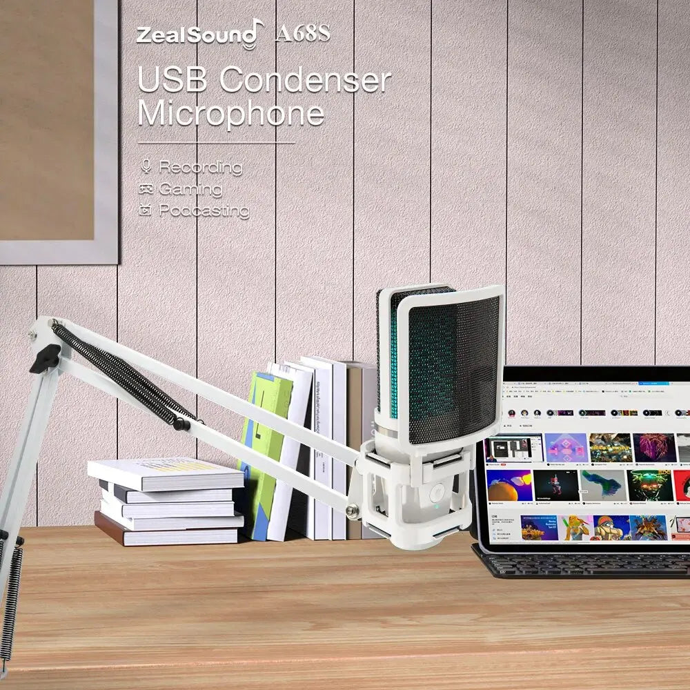Zealsound RGB USB Gaming Microphone with Articulated Arm, White Computer Condenser Mic For PC/Mac, Recording Podcasting Streaming - WinSupport Tech