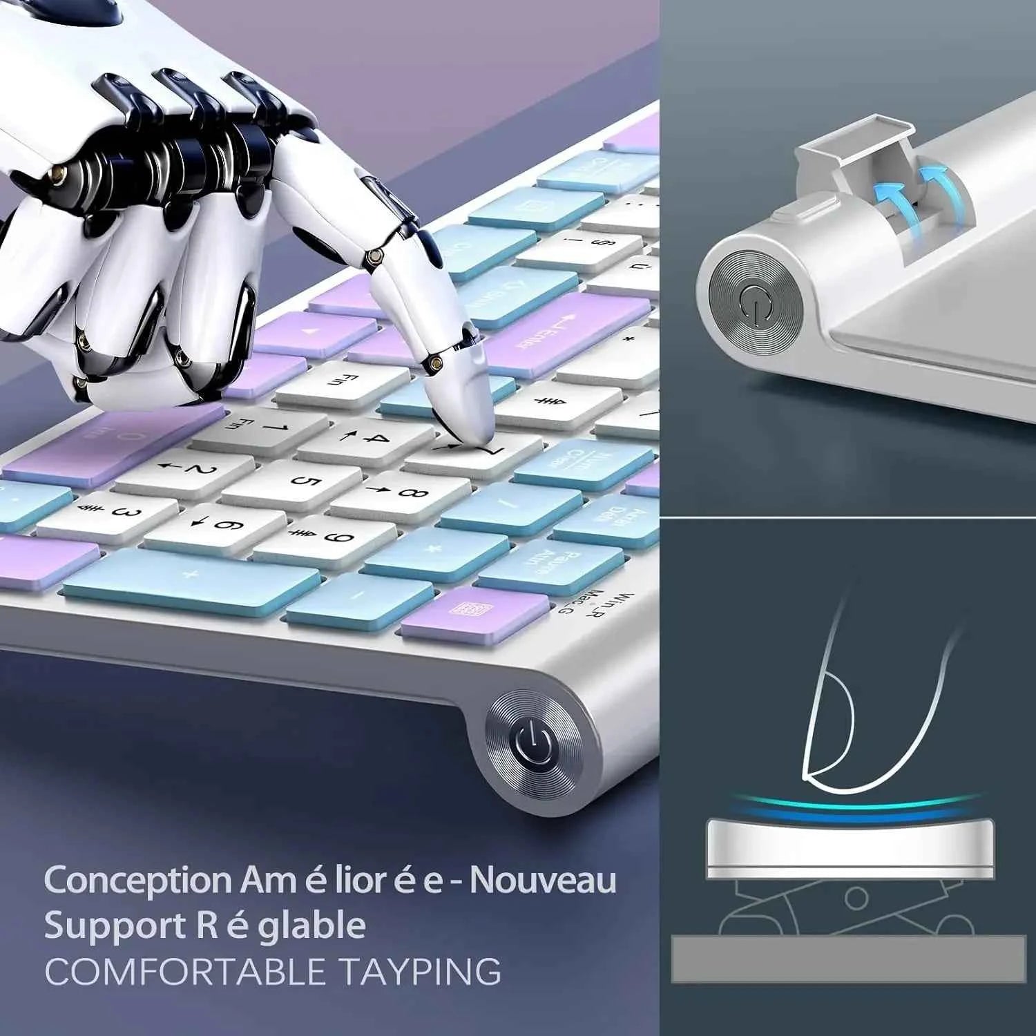 Ergonomic wireless keyboard and mouse, AZERTY, France, quiet and portable, including USB-A and USB-C ports, suitable for Mac/PC/
