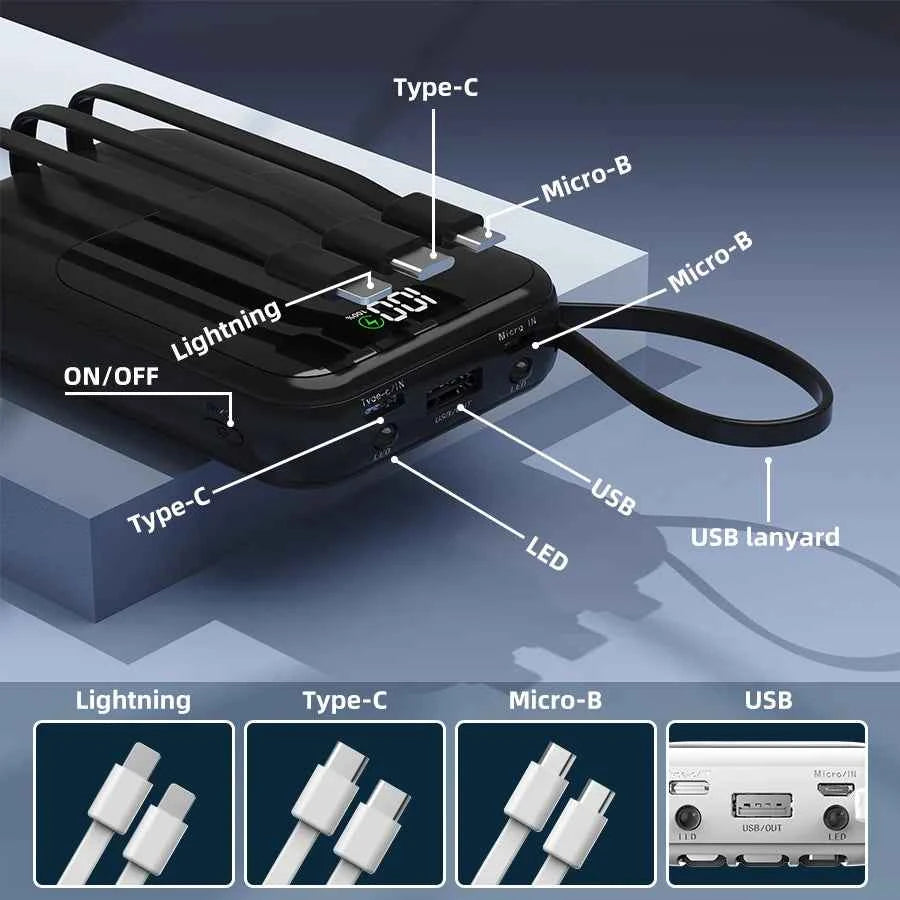 10000mAh Portable Power Bank for Universal Devices Super Fast Charging with Built-in Cable Large Capacity Power Bank for iPhone Samsung Huawei Xiaomi