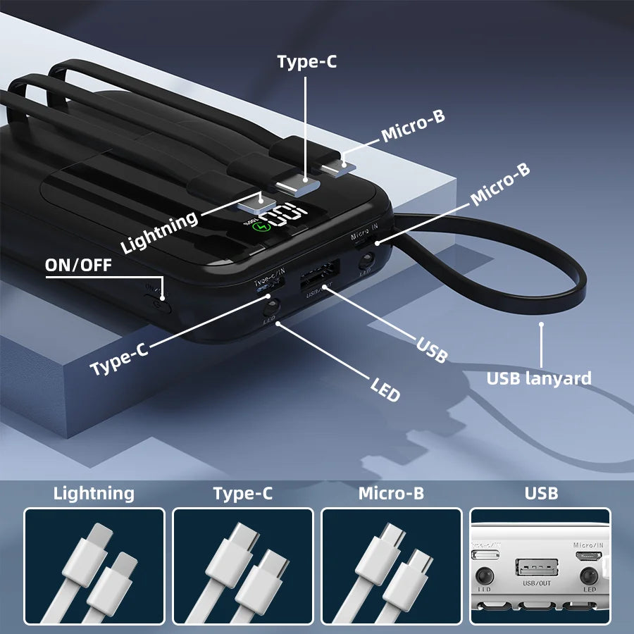 10000mAh Portable Power Bank for Universal Devices Super Fast Charging with Built-in Cable Large Capacity Power Bank for iPhone Samsung Huawei Xiaomi