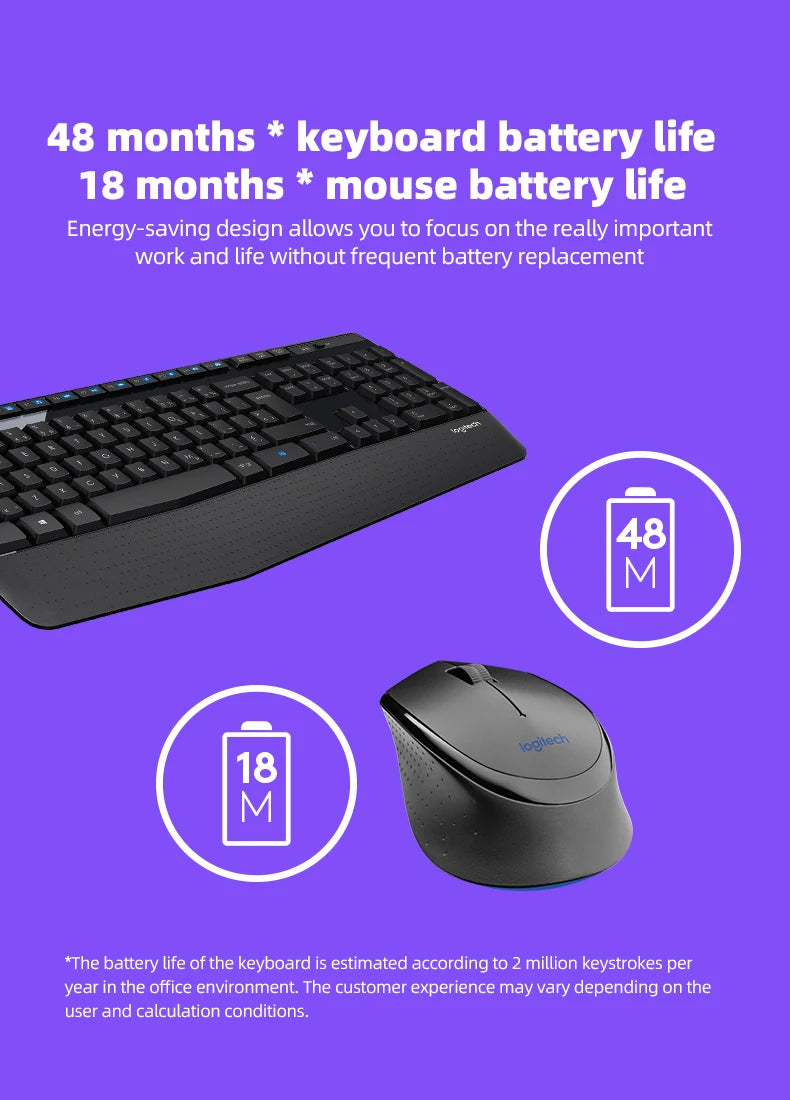 Logitech MK346P 2.4G Wireless Keyboard Mouse Combo Full Size 104 Keys Ergonomic Office Keyboard Mice Set For Desktop Laptop