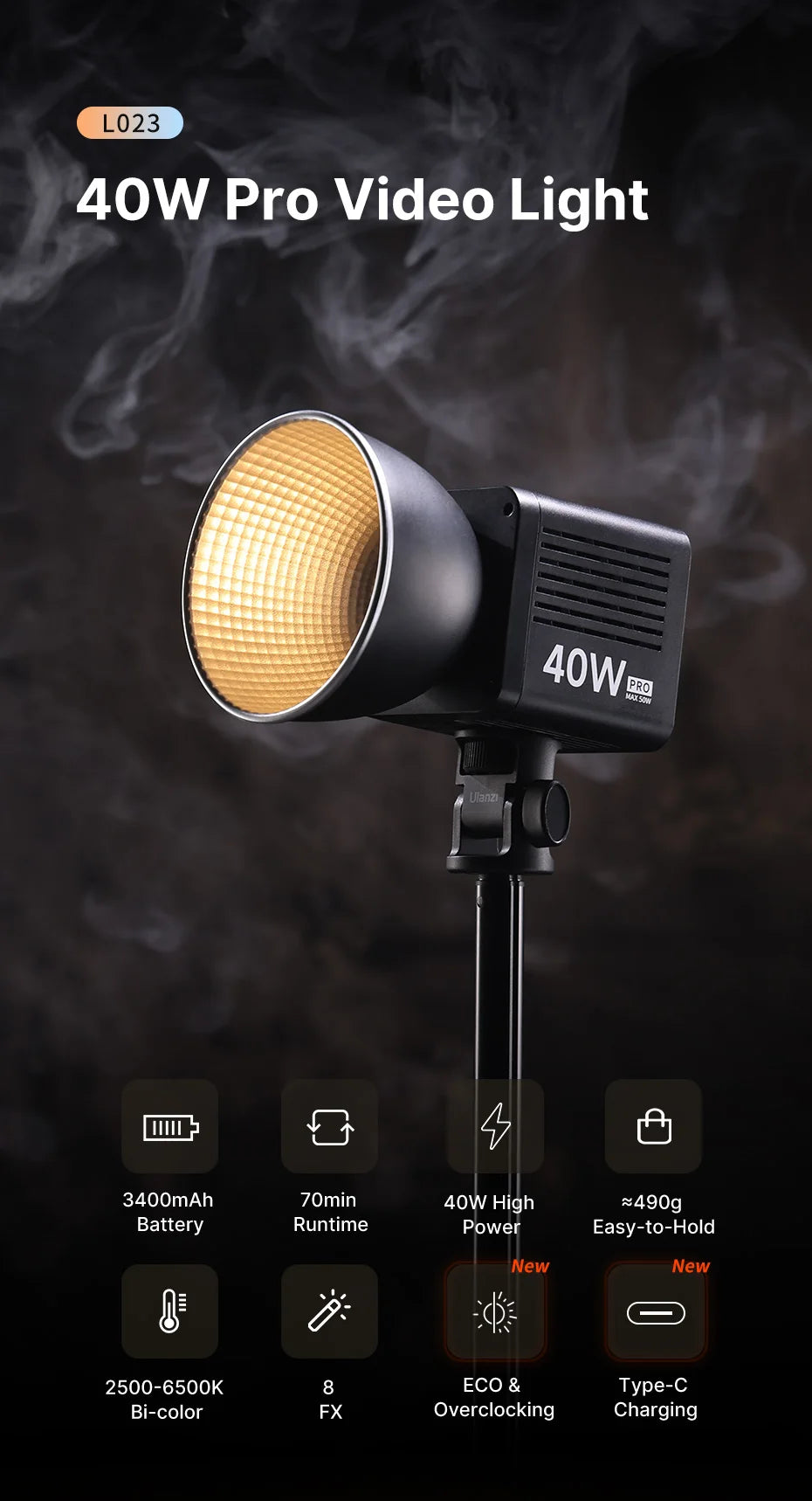 Ulanzi L023 40W pro Video Light Mini Bowens Mount Bi-color 2500-6500K with 3400mAh COB Light for Photography
