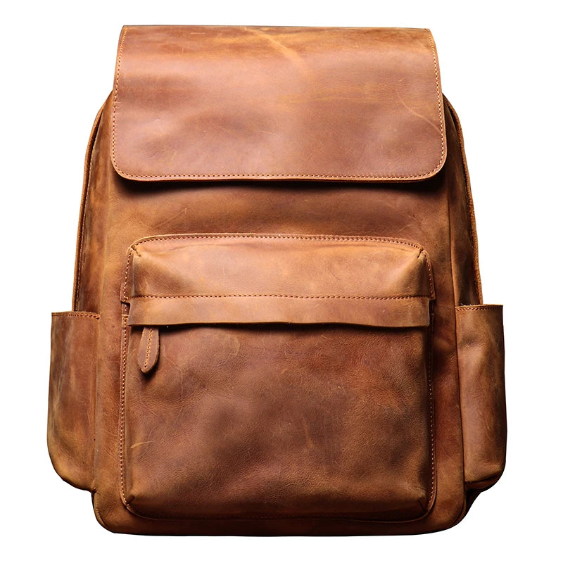 LUOKIR Genuine Leather Laptop Backpack 15 Inch – Vintage Crazy Horse Cowhide Business Travel Backpack for Men, Luxury School Computer Bag
