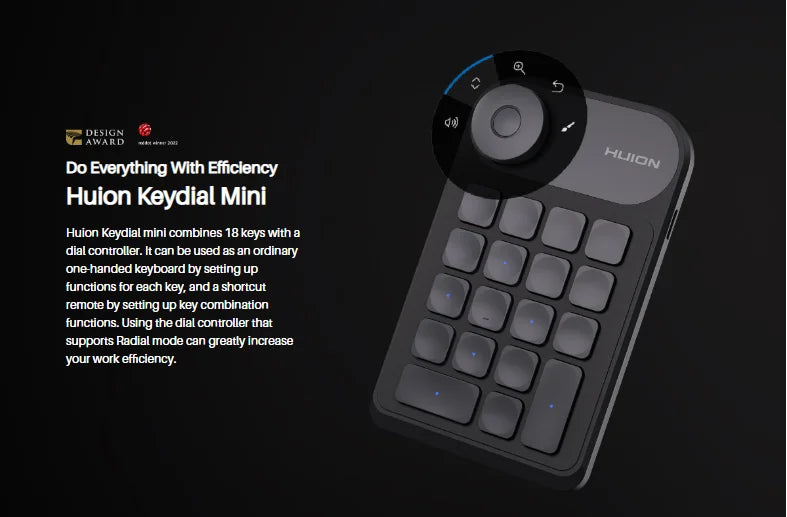 HUION Keydial Mini Wireless Keyboard Bluetooth Connectivity Keyboard with Dial, for Drawing Tablet PC MacBook Surface Pro Laptop