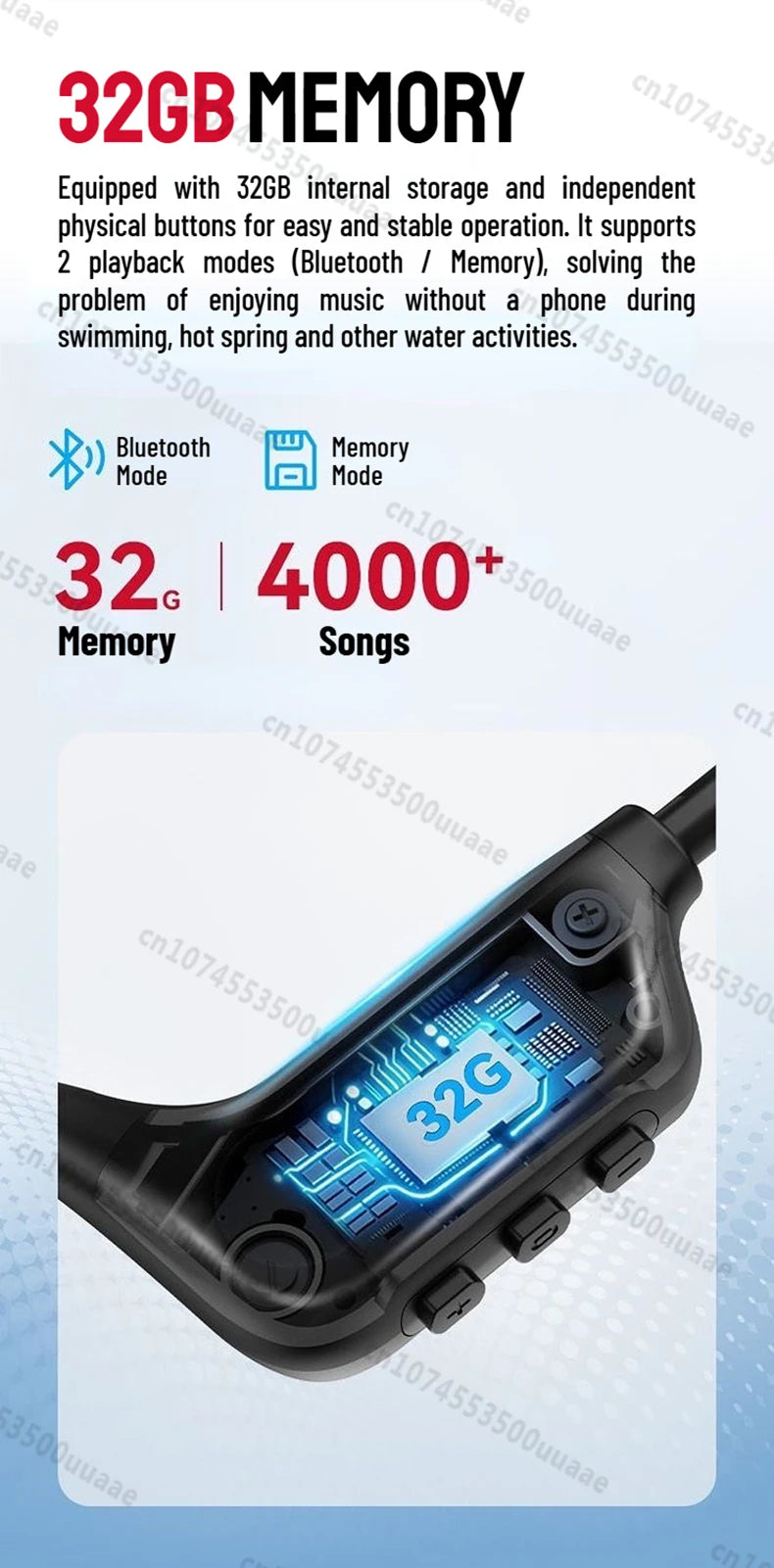 Monster BC300 Bone Conduction Bluetooth 6.0 Headphone IPX8 Waterproof Wireless Swimming Earphones Built-in 32GB Sport Earhook